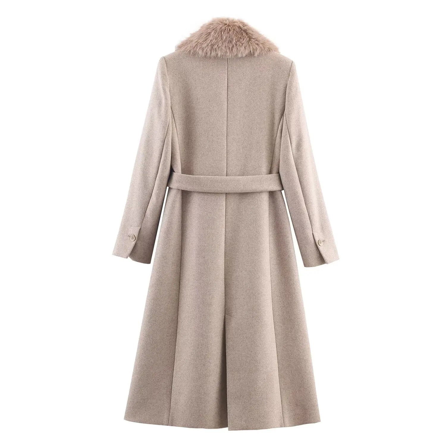 Elegant Belted Fur Collar Overcoat