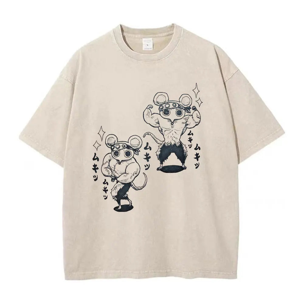 Vintage Washed T-shirts 100% Cotton Gym Muscle Rat Print Crew Neck Tshirts Casual Goth Hip Hop Streetwear Women Men Summer Tee