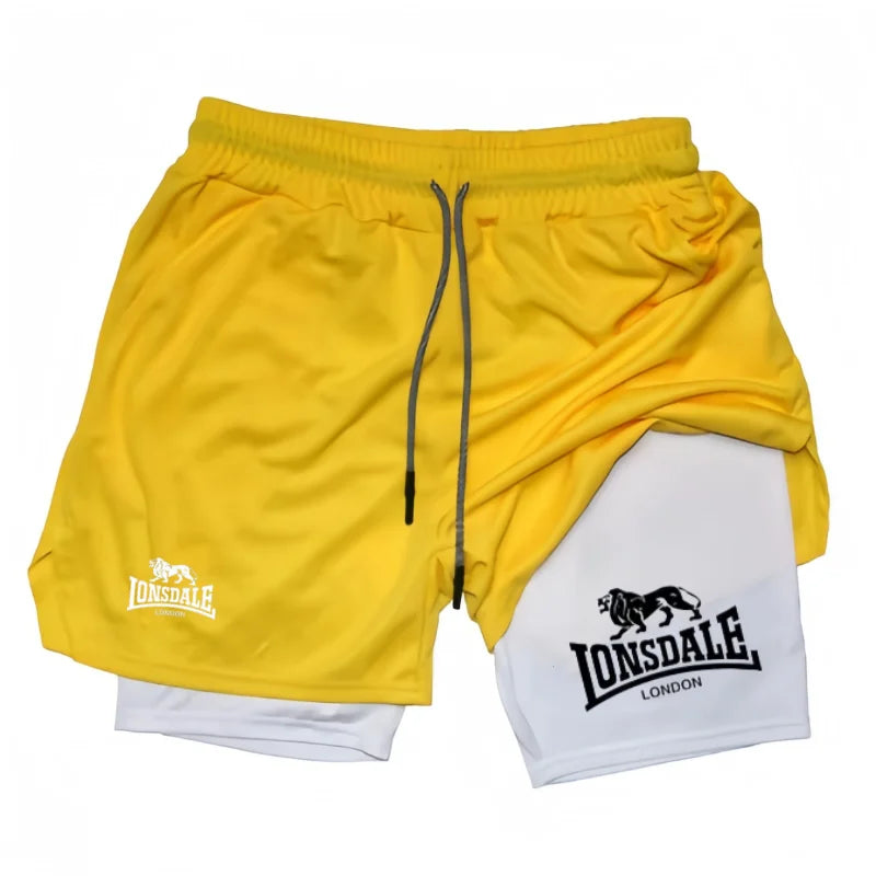 Print 2in1 Running Shorts for Men Gym Workout Compression Shorts with Phone Pocket Towel Loop Summer Sport Athletic Activewear