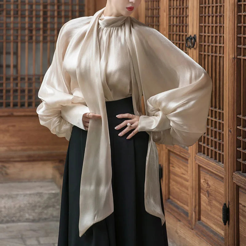 Elegant Chiffon Lantern Sleeve Blouse