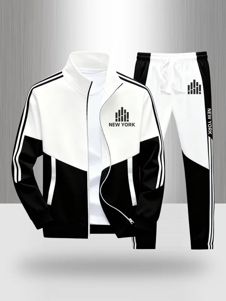 Tracksuit Men's New York Print 2 Piece Set Sportswear Color Block Zip Up Jacket and Jogger Pants Casual Striped Athletic Outfit