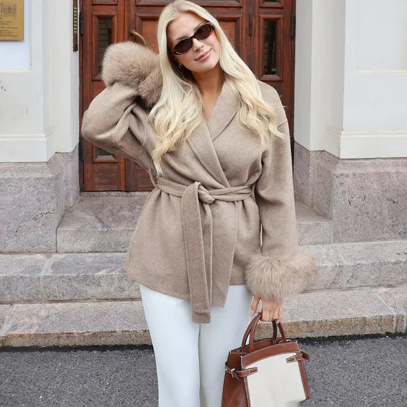 Fox Fur Woolen Coats Women's Short Coat Office Lady Removable Elegant Double-sided Wool Overcoat 2025 New Cardigan Jacket
