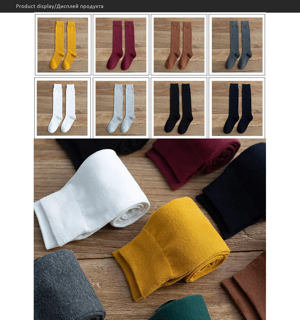 Solid Cotton Thigh High Socks