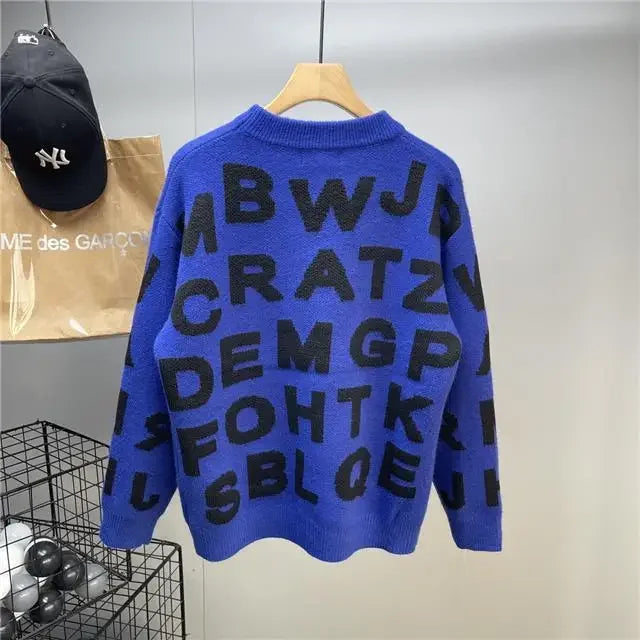 Sweater Men's Clothing Winter Full-print Letter Jacquard Loose Thickened Design Round Neck Top Trendy American Style Sweater
