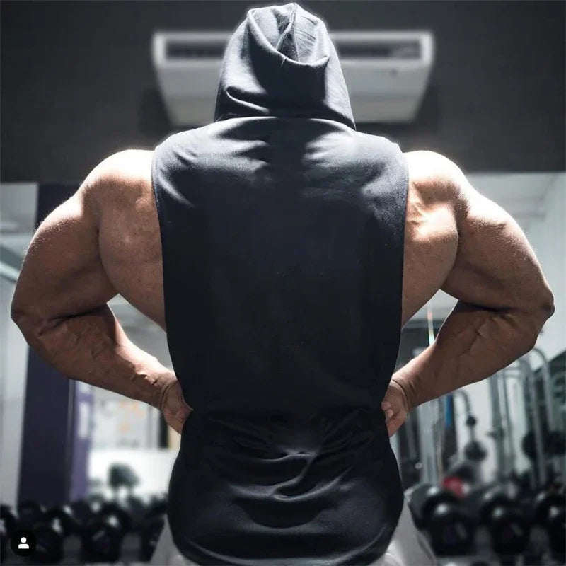 Men’s Fitness Workout Sportswear Tops Bodybuilding Hooded Tank Top Cotton Printed Sleeveless T-shirts Casual Hip Hop Undershirt