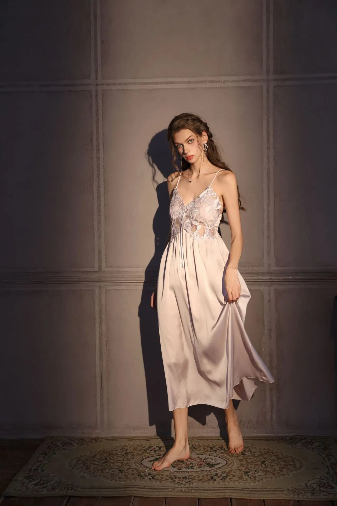 Elegant Female Long Robe Set Nightgown Silky Ice Silk Sleepwear Homewear SEXY Hollow Out Lace Nightdress Lingerie Loungewear