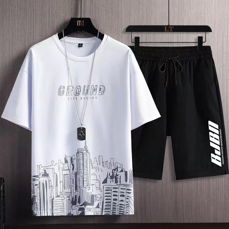 2023 Summer Men's Tracksuit 2 Piece Set Fashion Casual Solid Short-Sleeved T-Shirt and Shorts Sport Suit Breathable Man Clothing