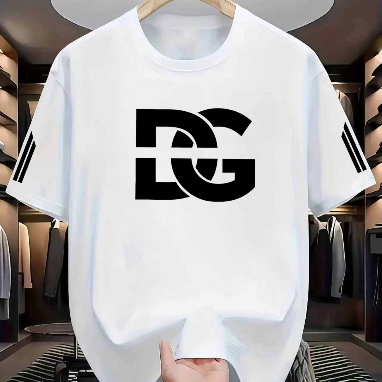 Men's letter-print T-shirt - Casual round-neck short-sleeved shirt - Striped sleeve sport shirt - Fashion T-shirt