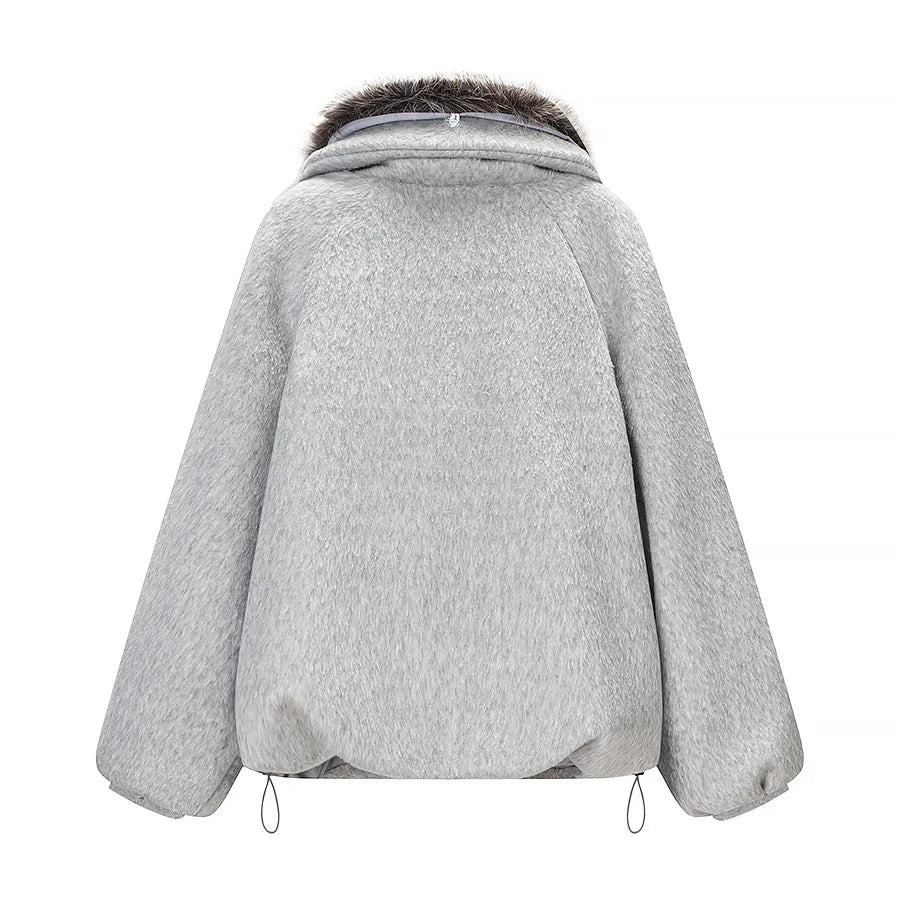 HH Women Fashion Coats Gray Turn-Down Collar Long Sleeves Pockets Decoration Zipper Winter Short Coat Woman Casual Loose Jackets