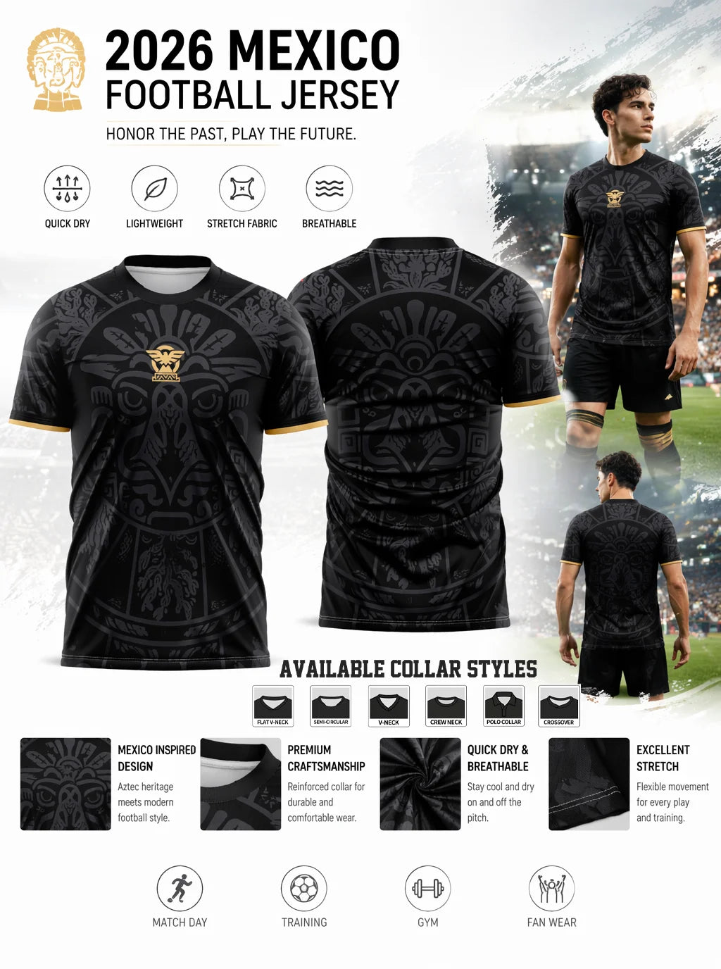 Men's Mexico inspired football polo. Classic black & gold design, lightweight top for sports and daily casual wear