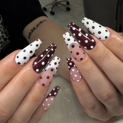 Medium long fake nails for women girls pink white black red blue brown polka dots design almond ballet tips press on false nail