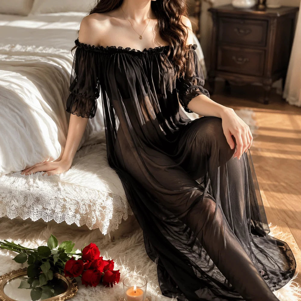 Home Dress Off Shoulder Sheer Nightgown V-neck Ruffle Mesh Nightdress Transparent Short Sleeve Long Sleeping Dress Sleep
