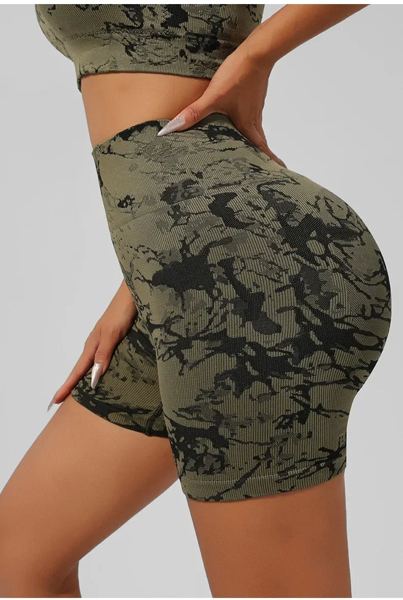 Women Seamless Tie Dye Yoga Set Quick Dry Sports Bra Shorts Lightweight Breathable Workout Outfit