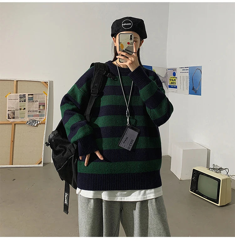 Striped Knitted Sweater Men Women Vintage Tate Langdon Loose Sweaters Harajuku Green Warm Autumn Jumper Pullover Unisex Casual