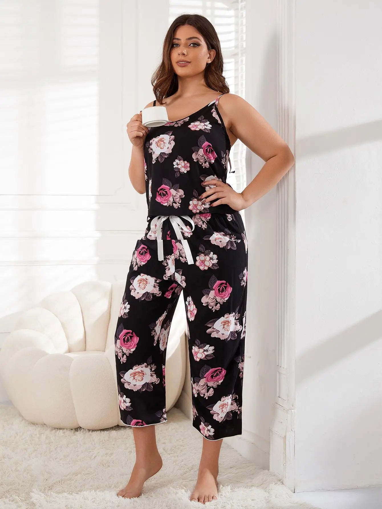Floral V Neck Capri Pajama Set