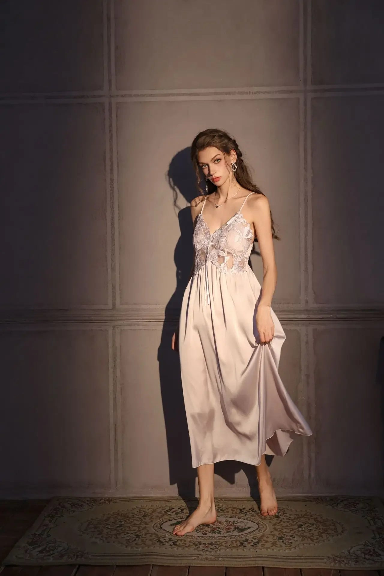 Elegant Female Long Robe Set Nightgown Silky Ice Silk Sleepwear Homewear SEXY Hollow Out Lace Nightdress Lingerie Loungewear