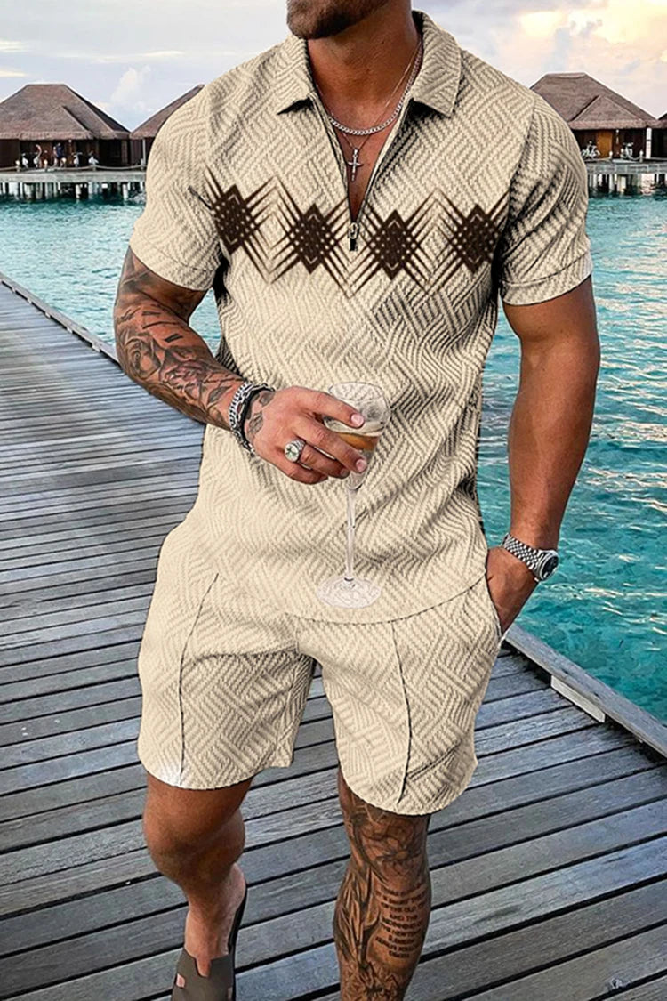 Summer Men's Tracksuit Short Sleeve Polo Shirt Set Fashion Luxury Chain Print Clothing 2 Pieces Casual Suit Streetwear Outfit
