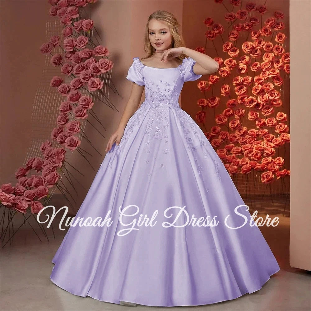 Elegant Flower Girl Dresses for Wedding Satin Beaded Floral Floor Length Girl Kids Birthday Party First Holy Communion Gown