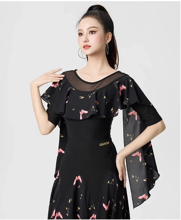 Dancewear Women Tops Summer Fashion Print Latin Line Dance Costume New Products Ballroom Dance Women Top Training Clothes Black