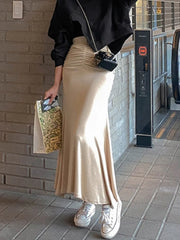 Shirred Satin High Waist Midi