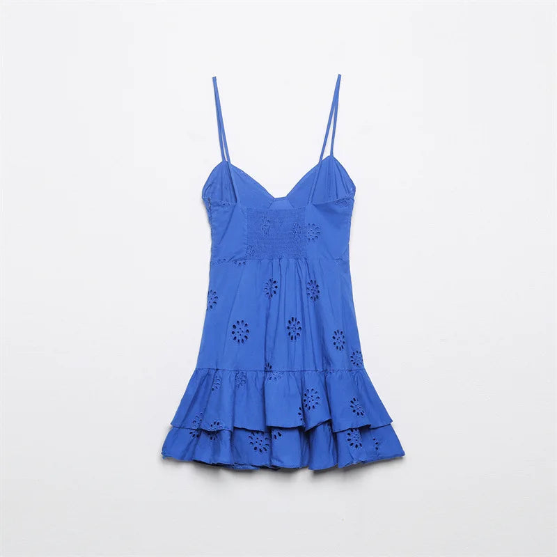Women Fashion With Ruffled Cutwork Embroidery Mini Dress Vintage Backless Elastic Thin Straps Female Dresses Vestidos