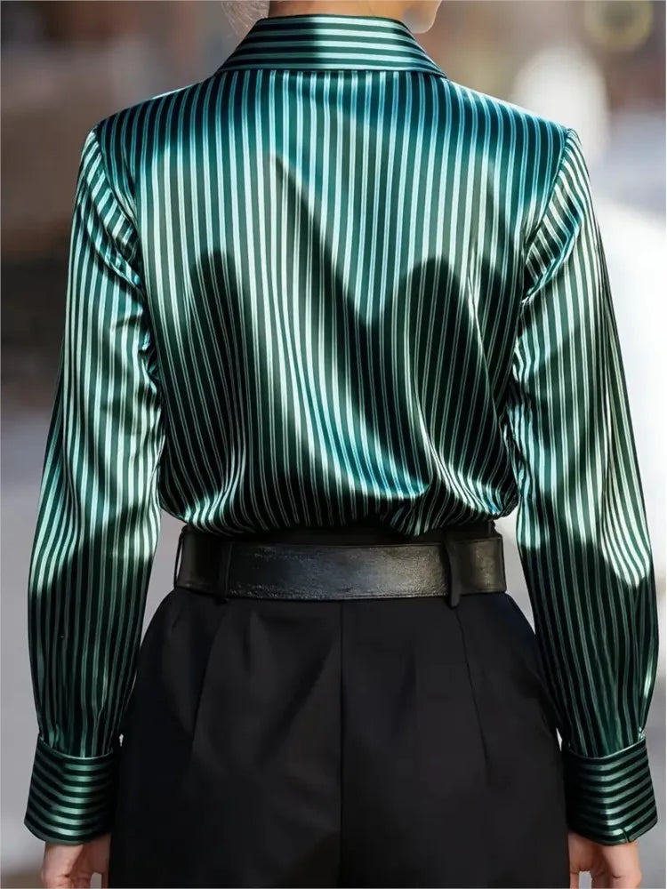 Lady Striped Shirt Fashion Long Sleeve Turn-down Collar Button Shirts Tops For Women Casual Office Holiday Spring Autumn Clothes