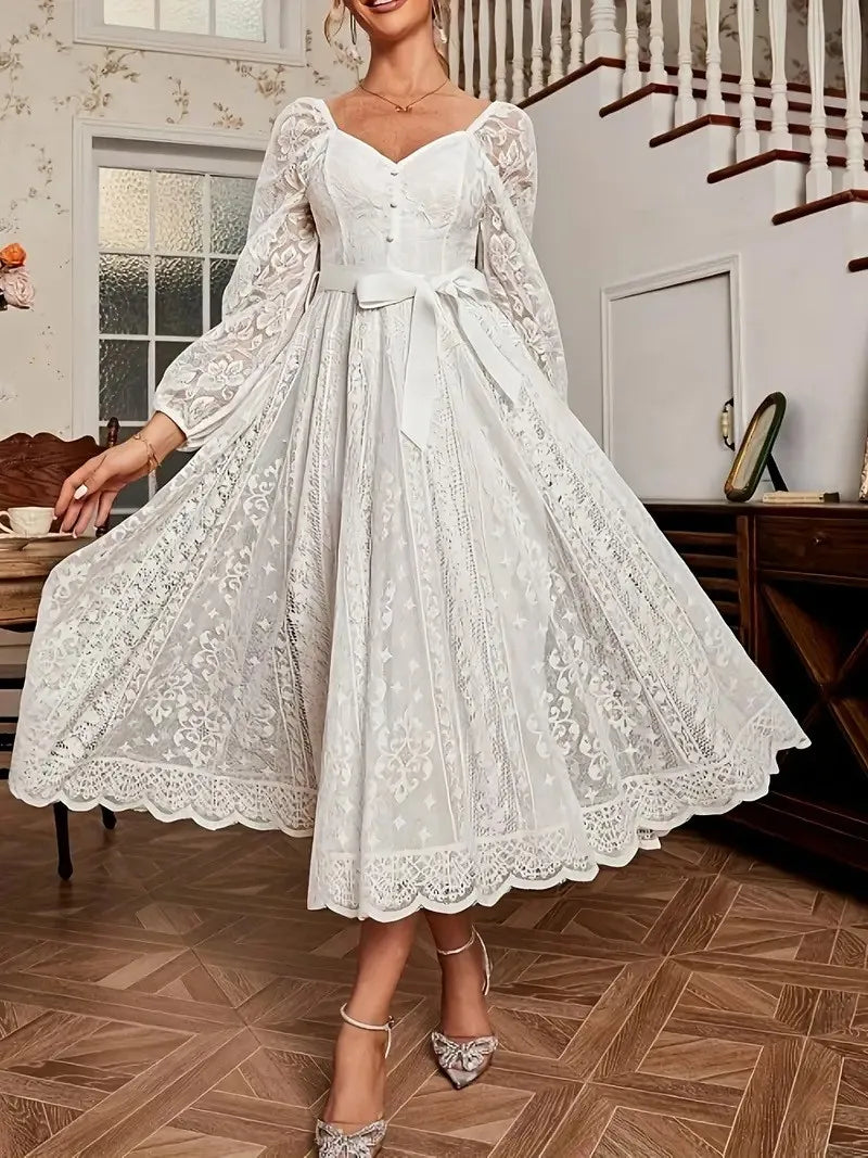 Elegant Party Dress For Woman Evening Prom Dresses Lace Long Gown V Neck Maxi Dress White Pink Floral Lace A Line Balloon Sleeve