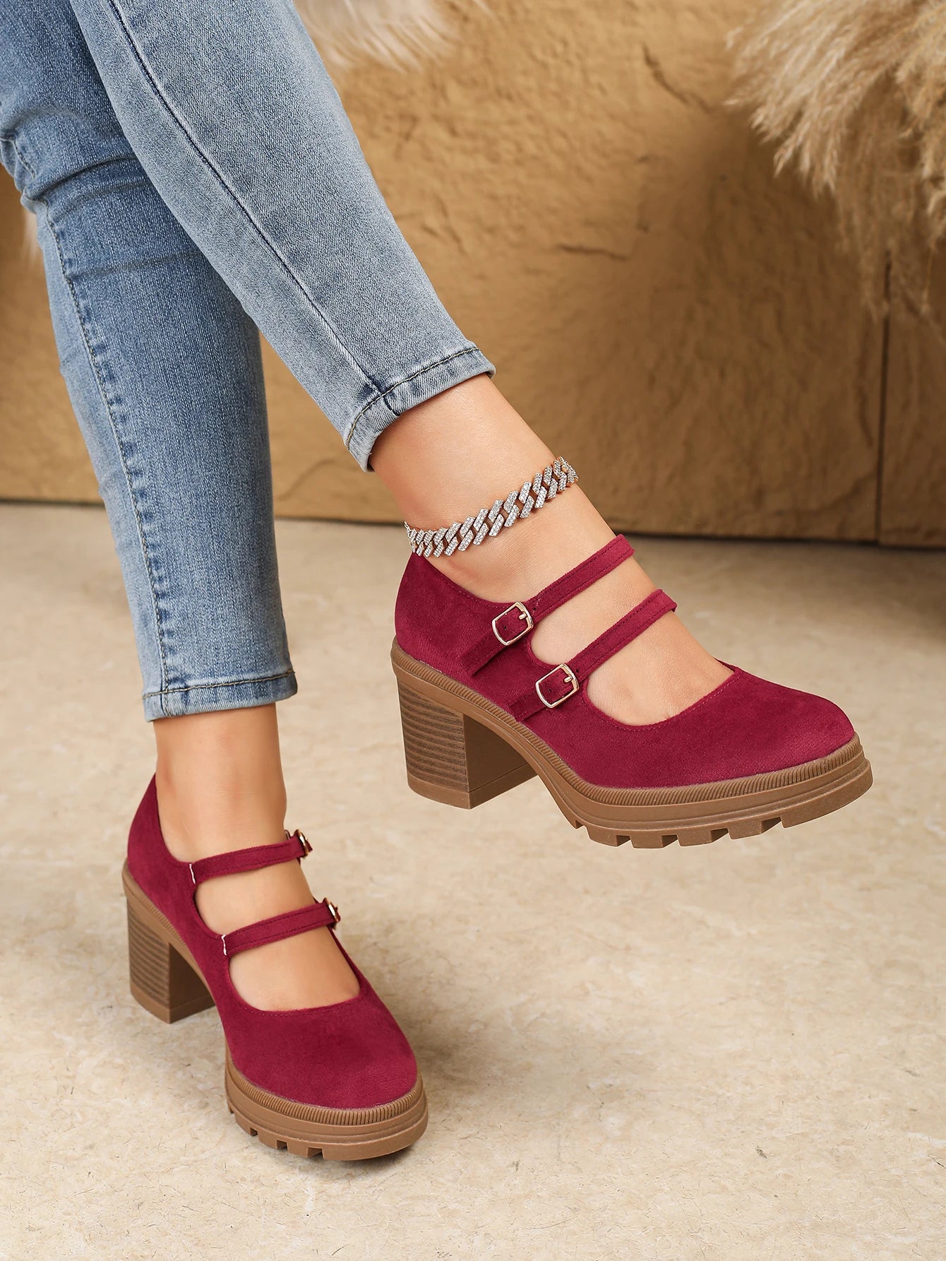 Women Square Heel Mary Jane Pumps