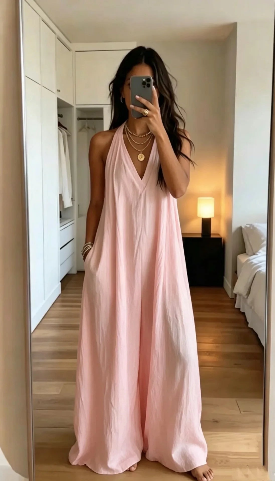 Women's White Halter Jumpsuit Deep V Neck Sleeveless Wide Leg Cuffed Hem Pocketed Boho Resort Casual Summer Y2K Chic Jumpsuit