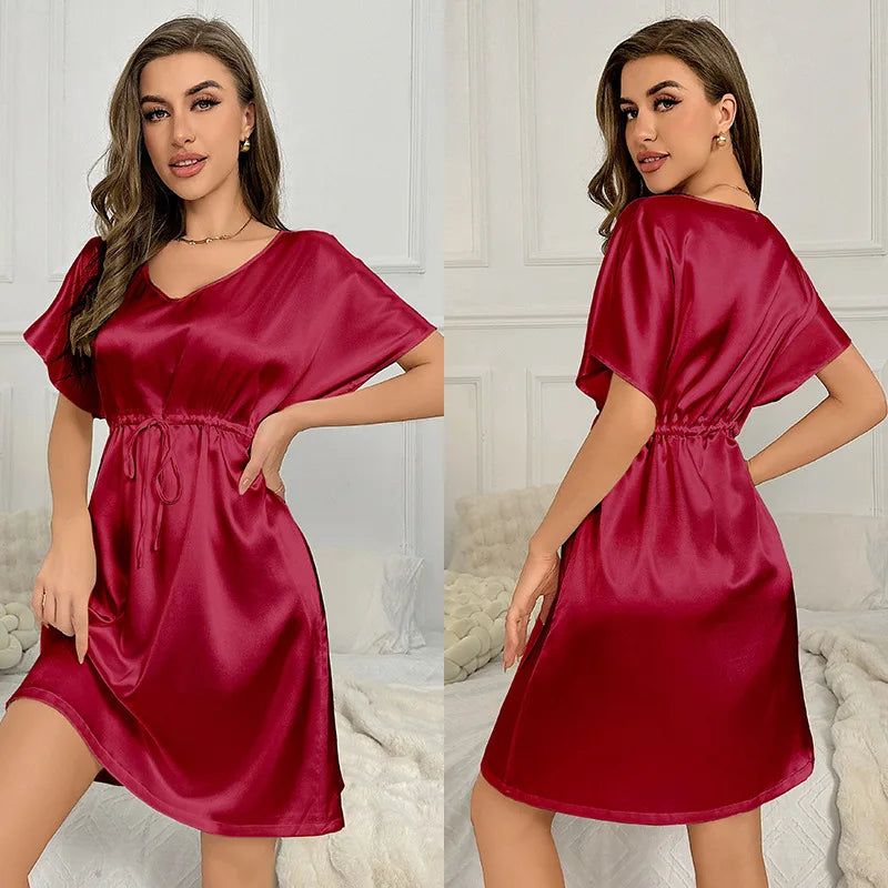 V-Neck Nightdress Loungewear Women Sleepwear Morning Gown Lingerie Sleepdress Robe Summer Nightgown Silky Satin Home Dress