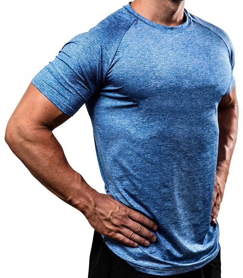 Summer Gym T-shirts Men's Solid Fitness Clothing O-neck Short Sleeve Tops Breathable Slim Bodybuilding Workout Muscle Tees Male