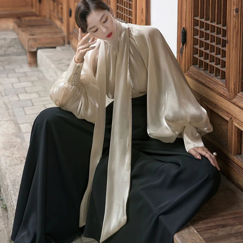 Elegant Chiffon Lantern Sleeve Blouse