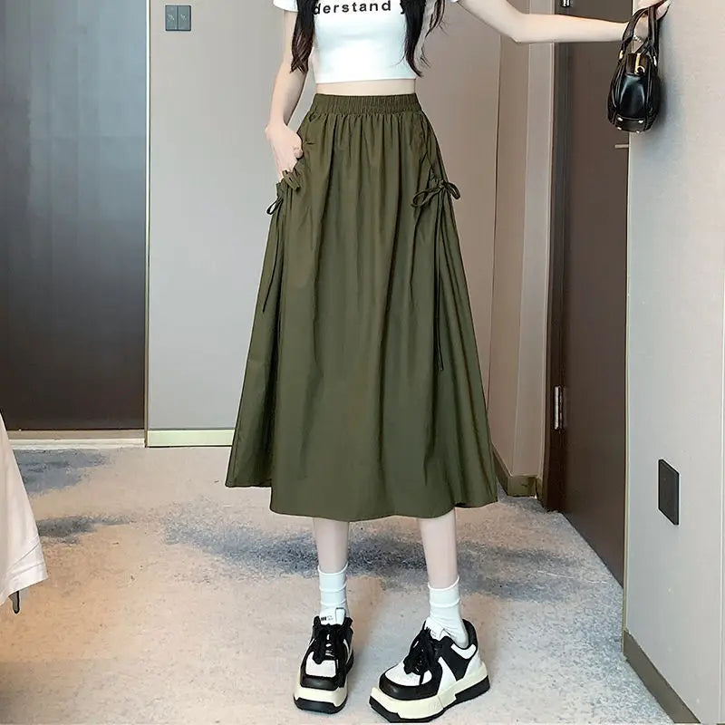 Drawstring Cargo A-Line Midi Skirt