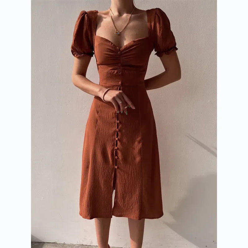 Elegant Dresses Women Summer Sexy Dress 2024 New V-Neck Single Breasted Short Puff Sleeves Solid High Waist Hem Split Midi Dress
