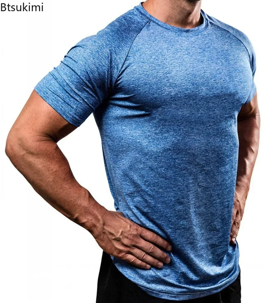 Summer Gym T-shirts Men's Solid Fitness Clothing O-neck Short Sleeve Tops Breathable Slim Bodybuilding Workout Muscle Tees Male