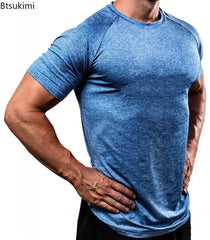 Summer Gym T-shirts Men's Solid Fitness Clothing O-neck Short Sleeve Tops Breathable Slim Bodybuilding Workout Muscle Tees Male