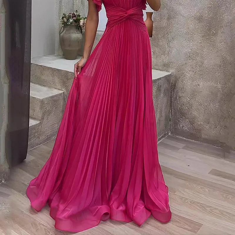 Wedding Guest Dress Elegant Party Long A Line Cap Sleeve Dresses Evening Pleated Off Shoulder Maxi Dress Fuchsia Pink Solid