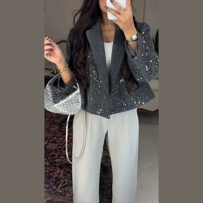 Elegant Cropped Sequin Blazer Jacket