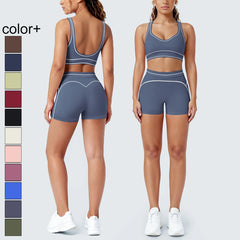 New Woman Yoga Set Color Blocking Sexy Sport Bra Yoga Underwear with Chest Pad High Waist Stripe Running Fitness Shorts Yoga Set