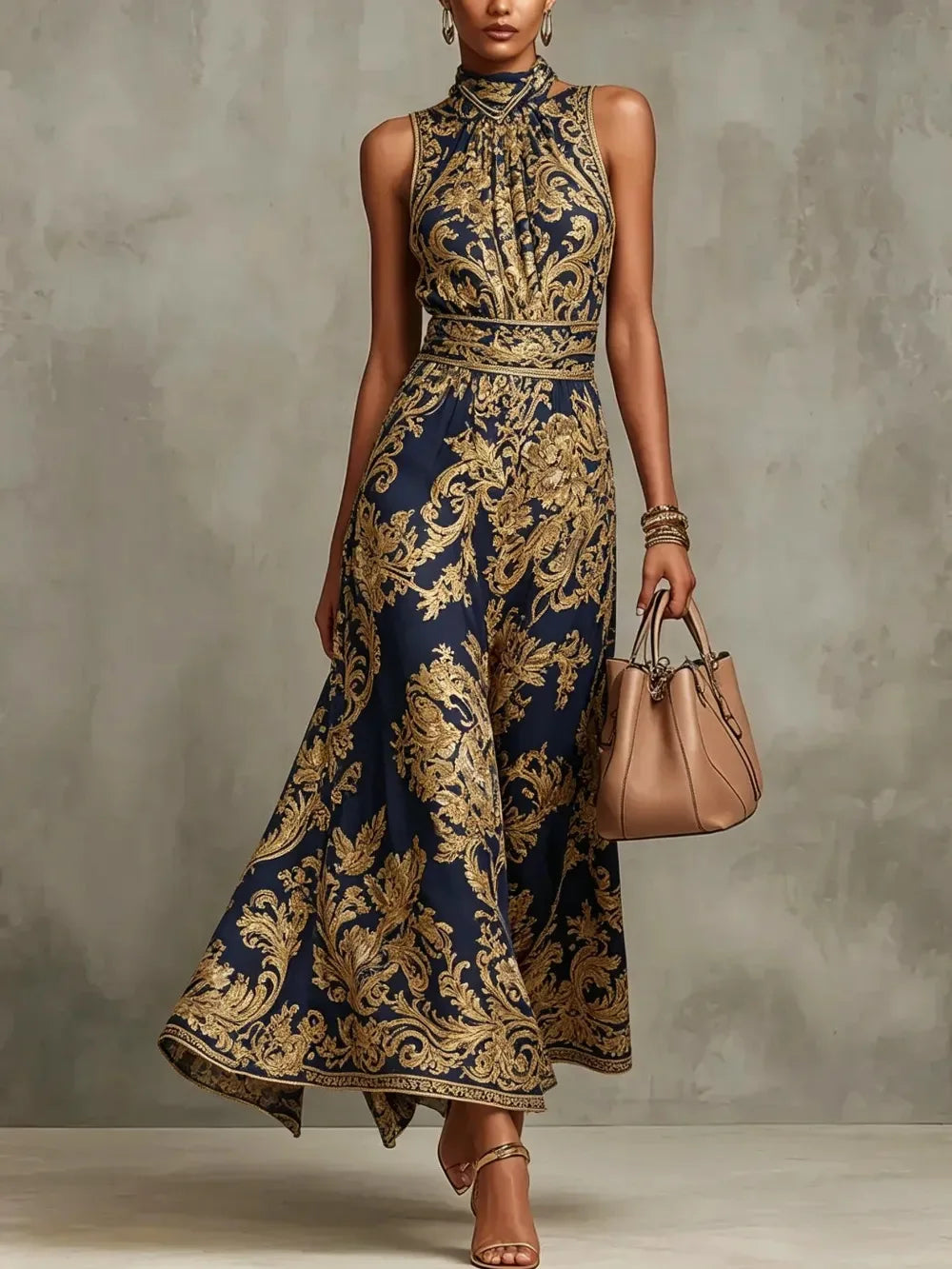 Elegant Party Evening 2026 Summer Long Dresses New Vintage Classic Pattern Flower Printed Lapel A-Line Dresses For Women