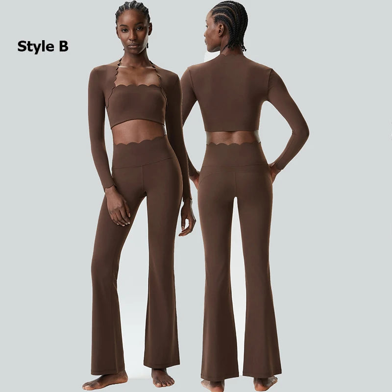 Women Two Pieces Fitness Yoga Set Solid Color Long Sleeve Gym Sportswear Breathable Quick Dry Workout Clothes Female Suit