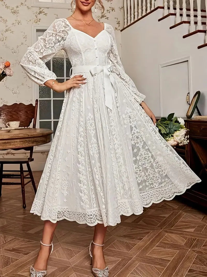 Elegant Party Dress For Woman Evening Prom Dresses Lace Long Gown V Neck Maxi Dress White Pink Floral Lace A Line Balloon Sleeve