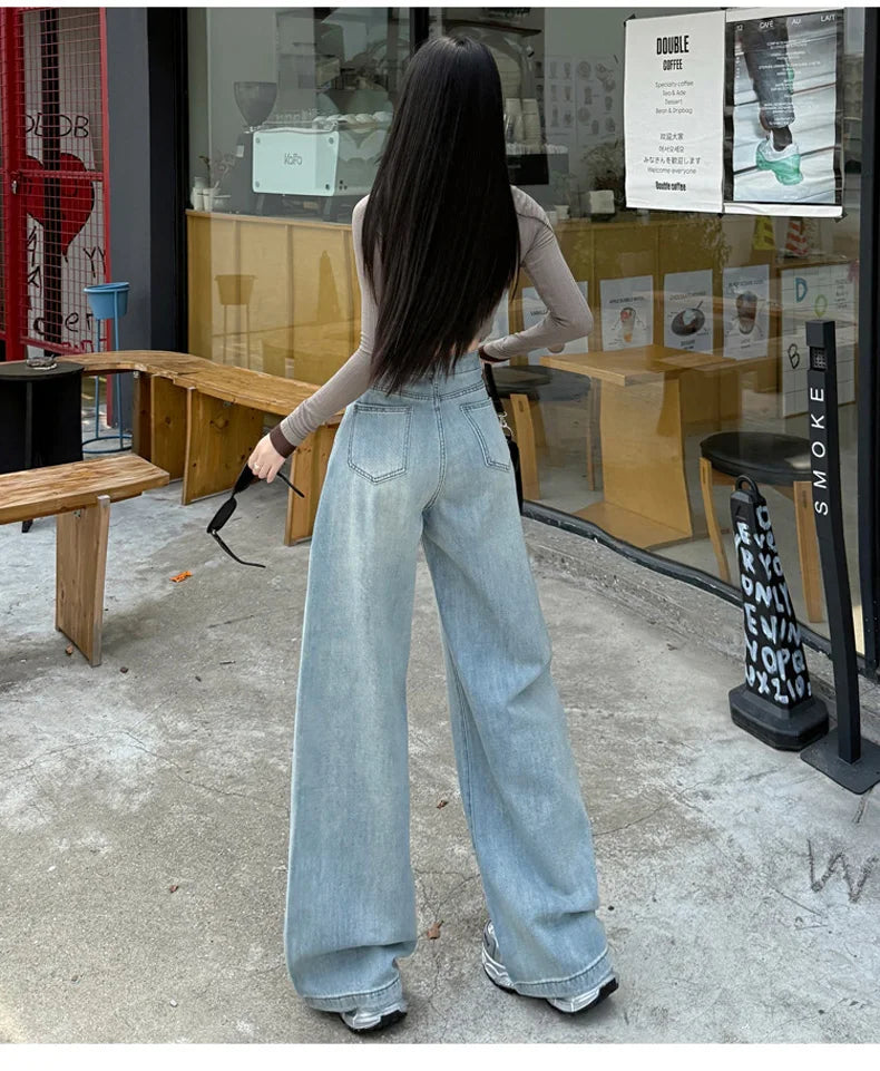 High Waisted Wide Leg Jeans Women Cotton Retro Denim Y2k Loose Fashion Design Sense Pant Streetwear Baggy Straight Trouser Woman