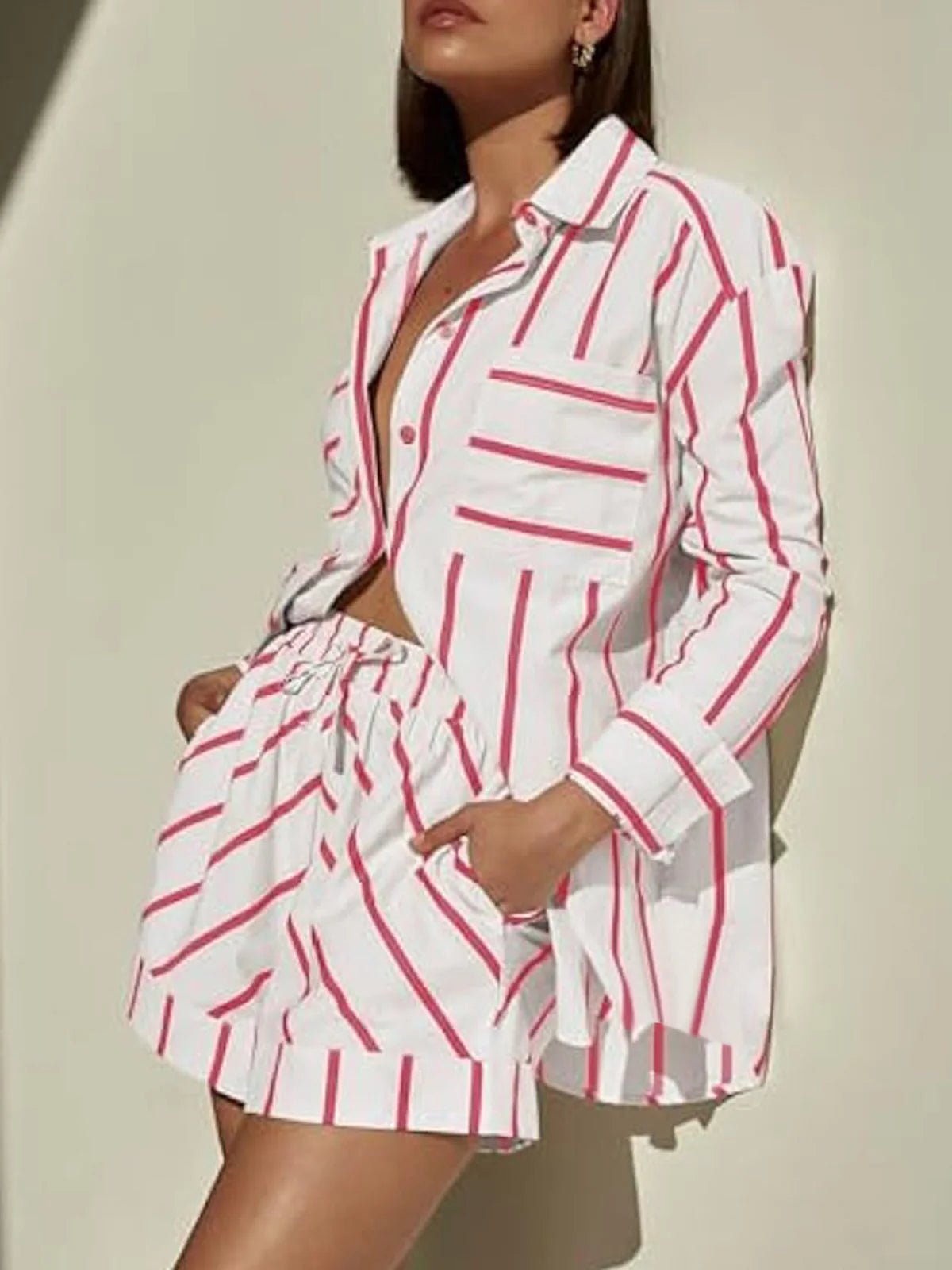 Striped Button Blouse Shorts Set