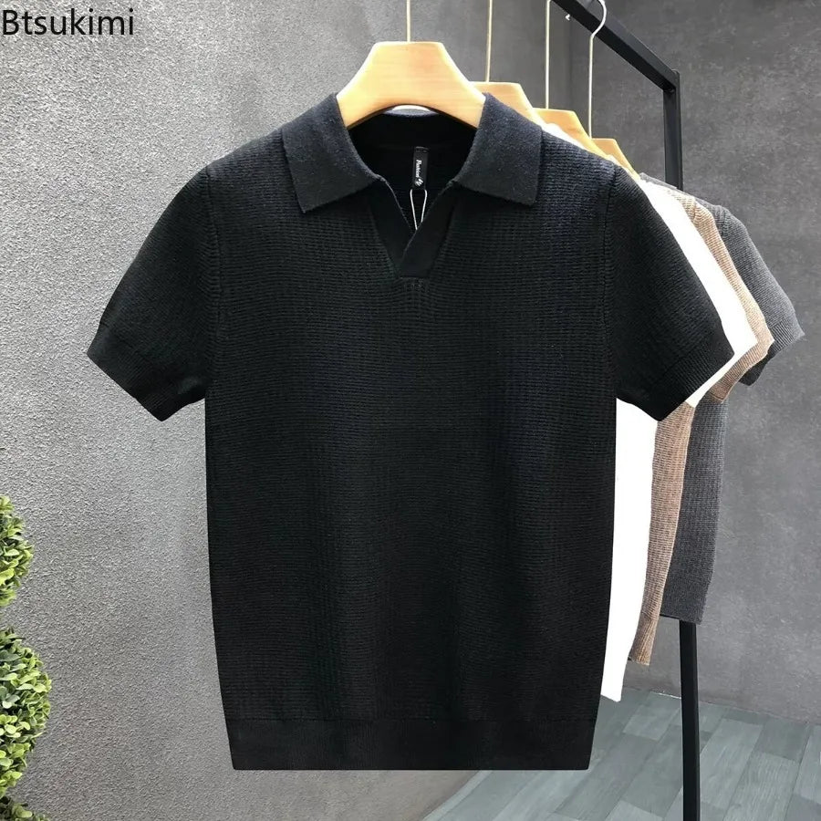 2026 Men's Summer Polo Shirt Korean Style Slim Wrinkle Resistant Collar Solid Color T-Shirts Casual Thin Sleeve Trendy Knit Tops