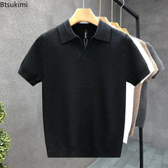 2026 Men's Summer Polo Shirt Korean Style Slim Wrinkle Resistant Collar Solid Color T-Shirts Casual Thin Sleeve Trendy Knit Tops