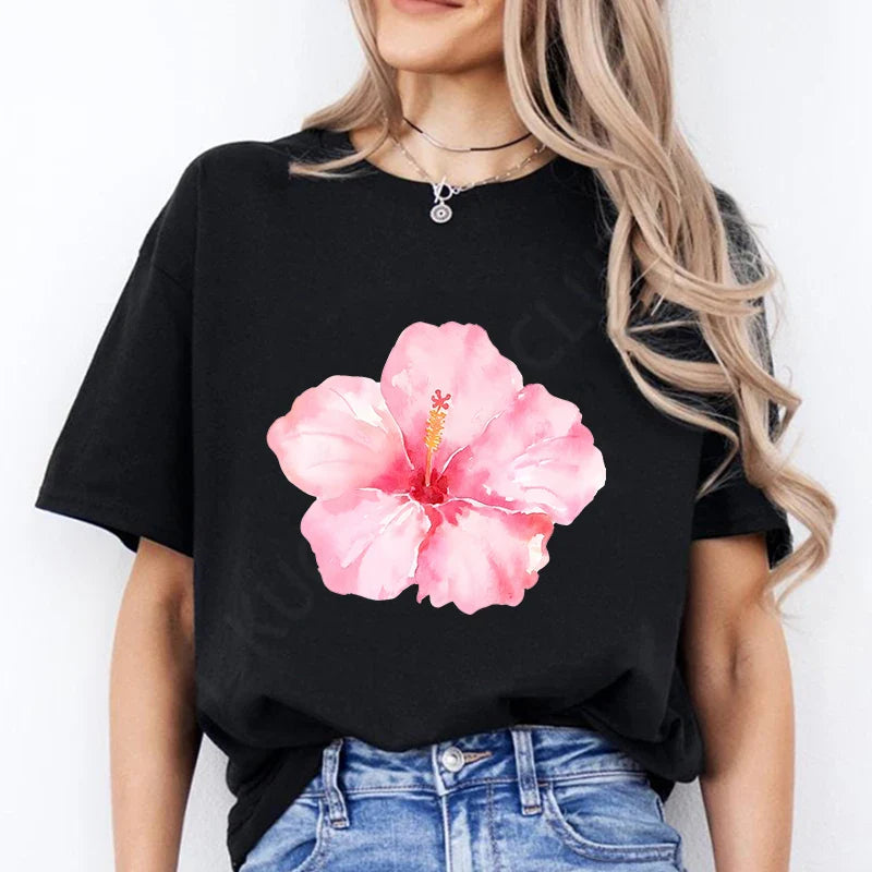 Pink Hibiscus Casual Y2K Tee