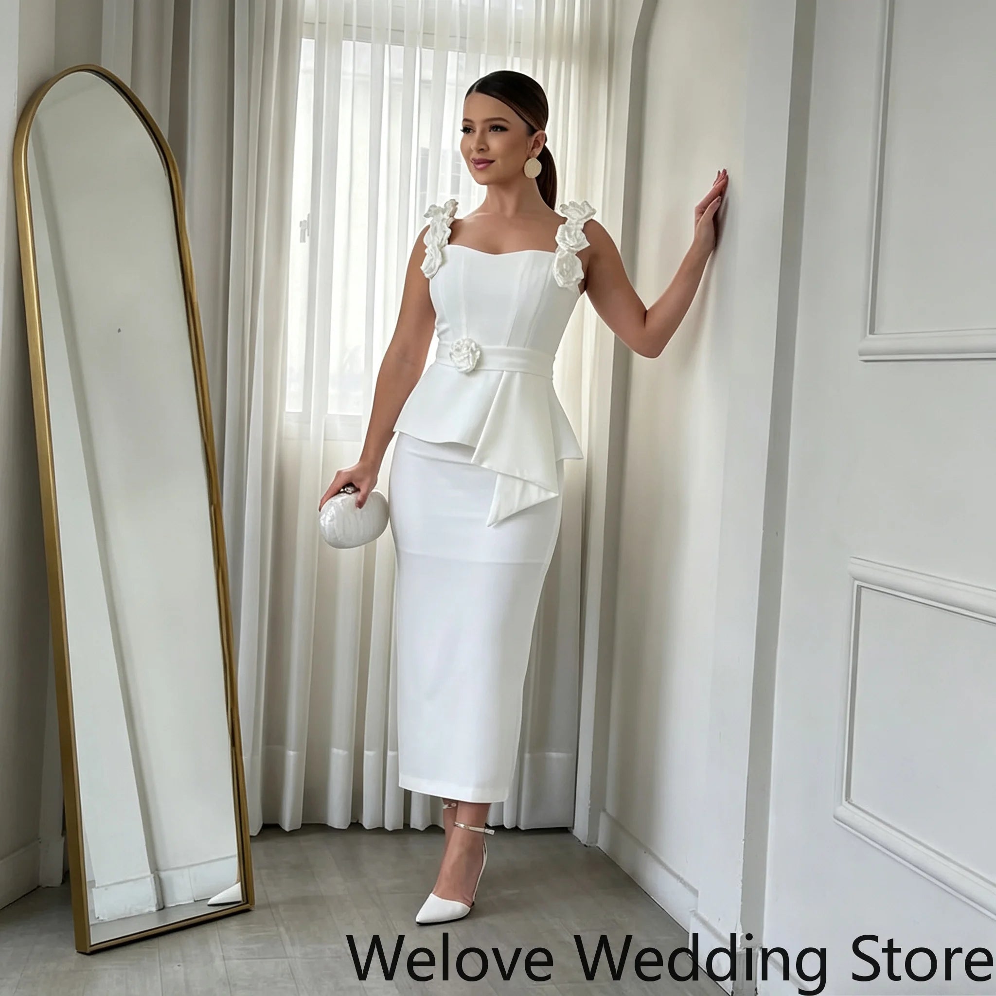 Customized Elegant White Wedding Guest Cocktail Dress 3D Flower Decorated Shoulder Straps Corset Bodice Floral Waist