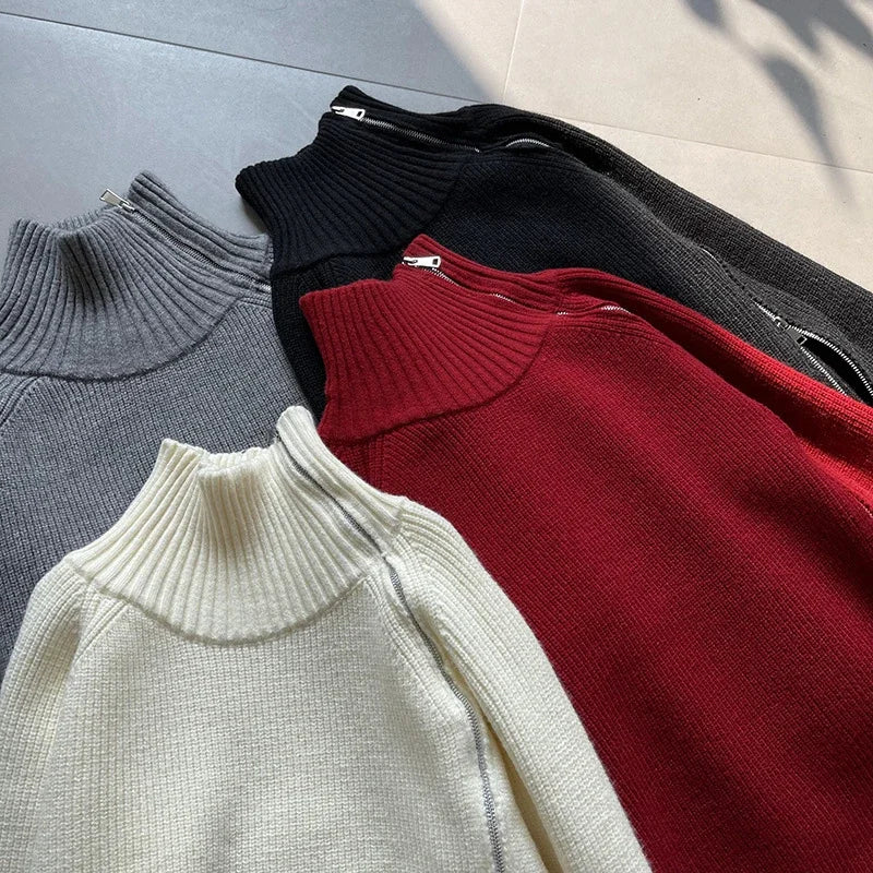 Oversized Zip Turtleneck Knit Sweater