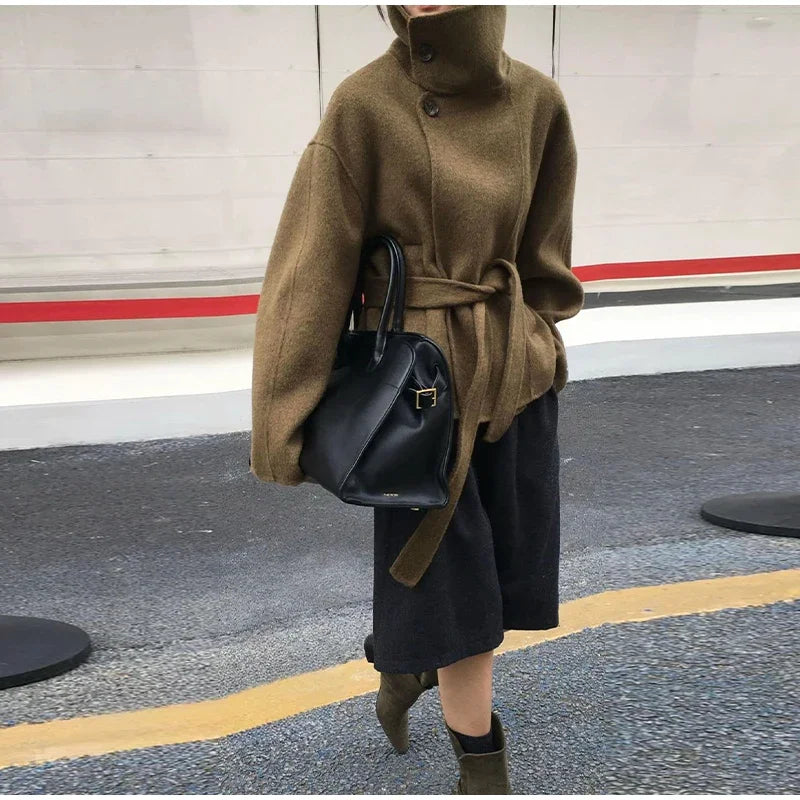 2025 Autumn Woolen Coats Women Casual Double Breasted Stand Collar Female Office Short Jackets Chic Lady Loose Street Outwear